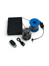 On Hook portable inspection camera system with black control unit, blue cable spool, remote, and USB cable.