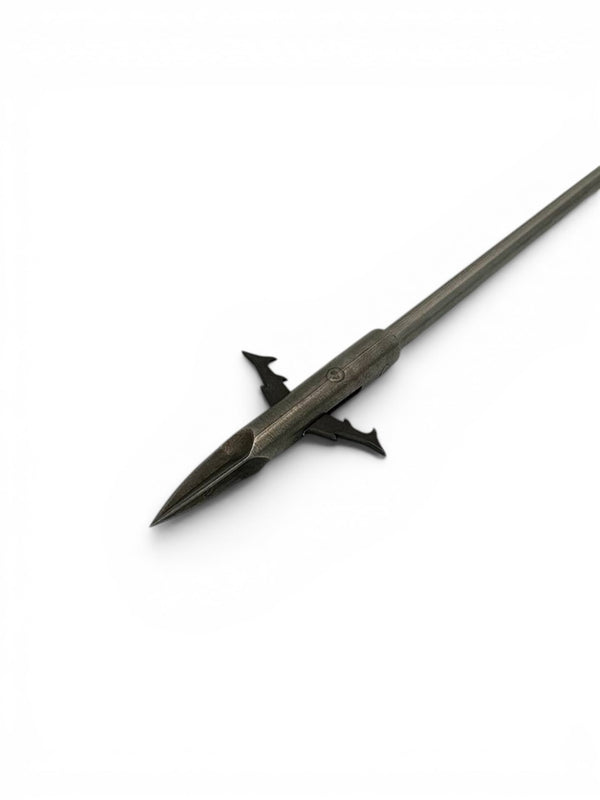 On Hook replacement harpoon with sharp barbed tip, made of marine-grade metal for underwater drone hunting.